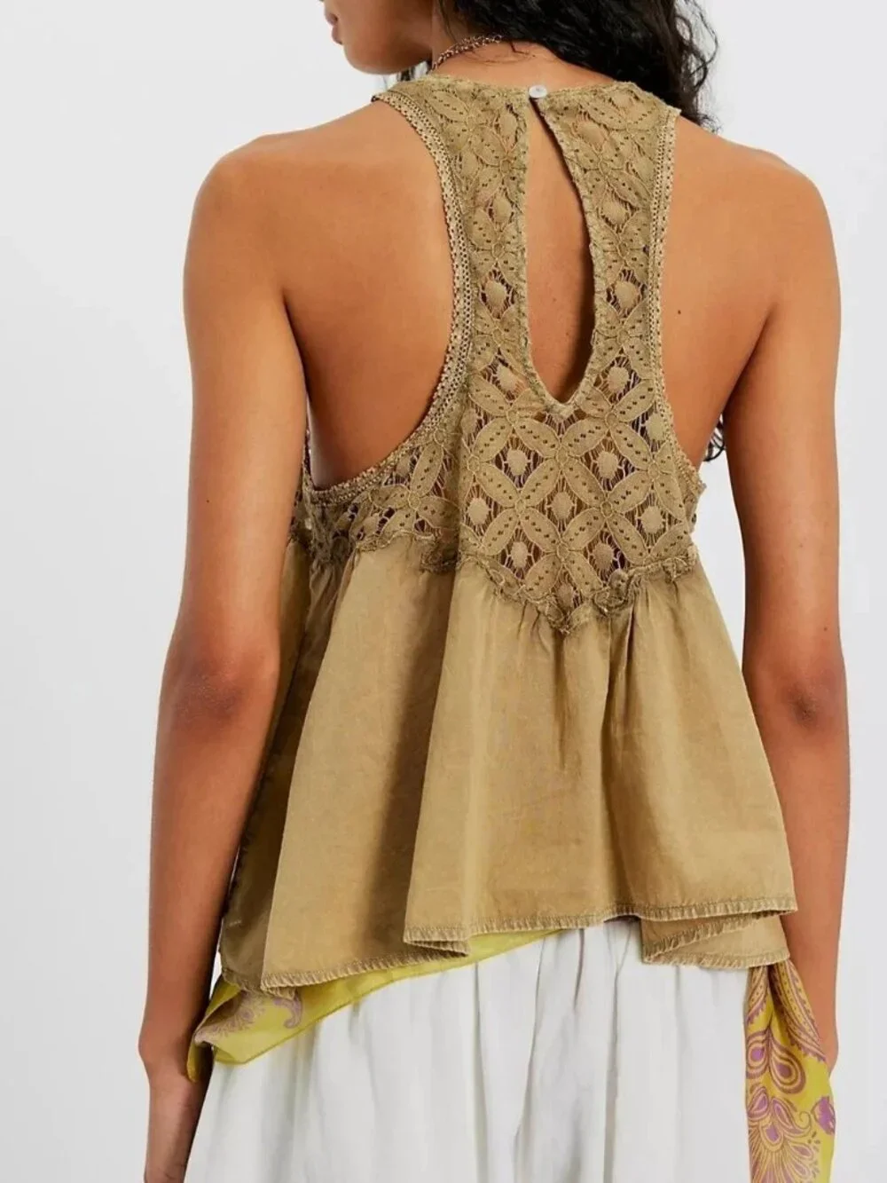 Free People Wandering Light Blouse Top Lace Cutout Tank Green Cotton M 290331